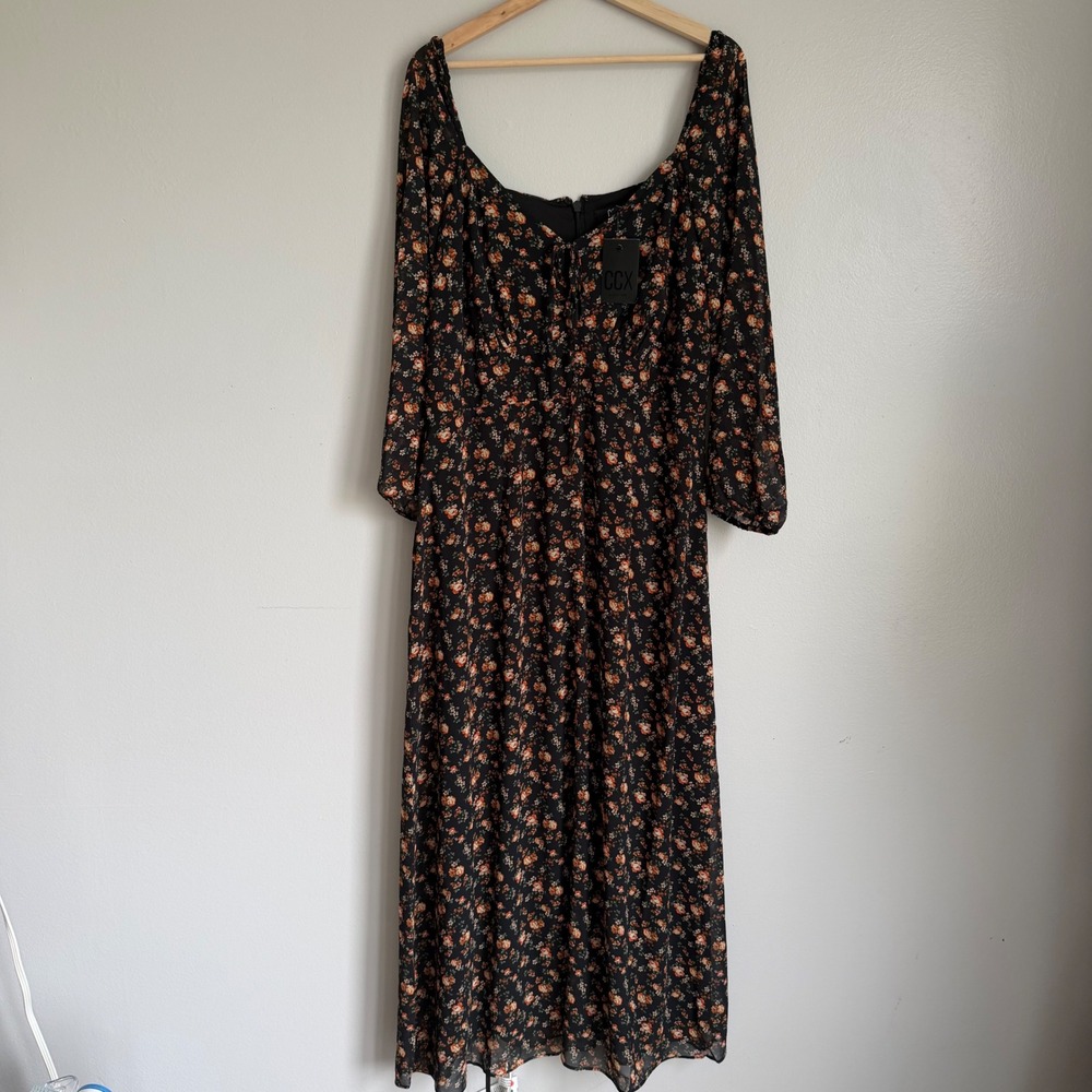 NWT CCX Maxi Underground Floral Dress Black Orange Sz 12 Long Sleeve Dainty Dark
